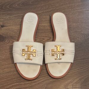 Tory Burch Gold Logo Cream Sandals - worn